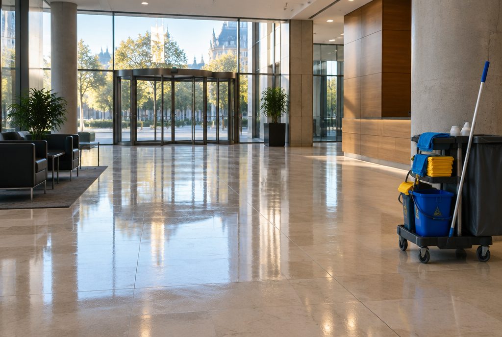 Vestíbulo de un edificio de oficinas con el suelo recién fregado